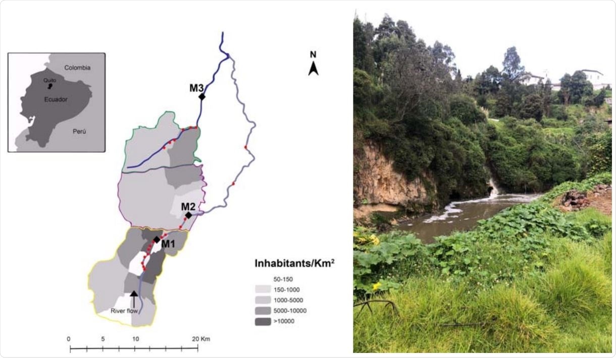 Lieux d'échantillonnage dans les rivières urbaines de Quito. Droite. Image du rejet direct des eaux usées dans la rivière Machángara (point d'échantillonnage M1).