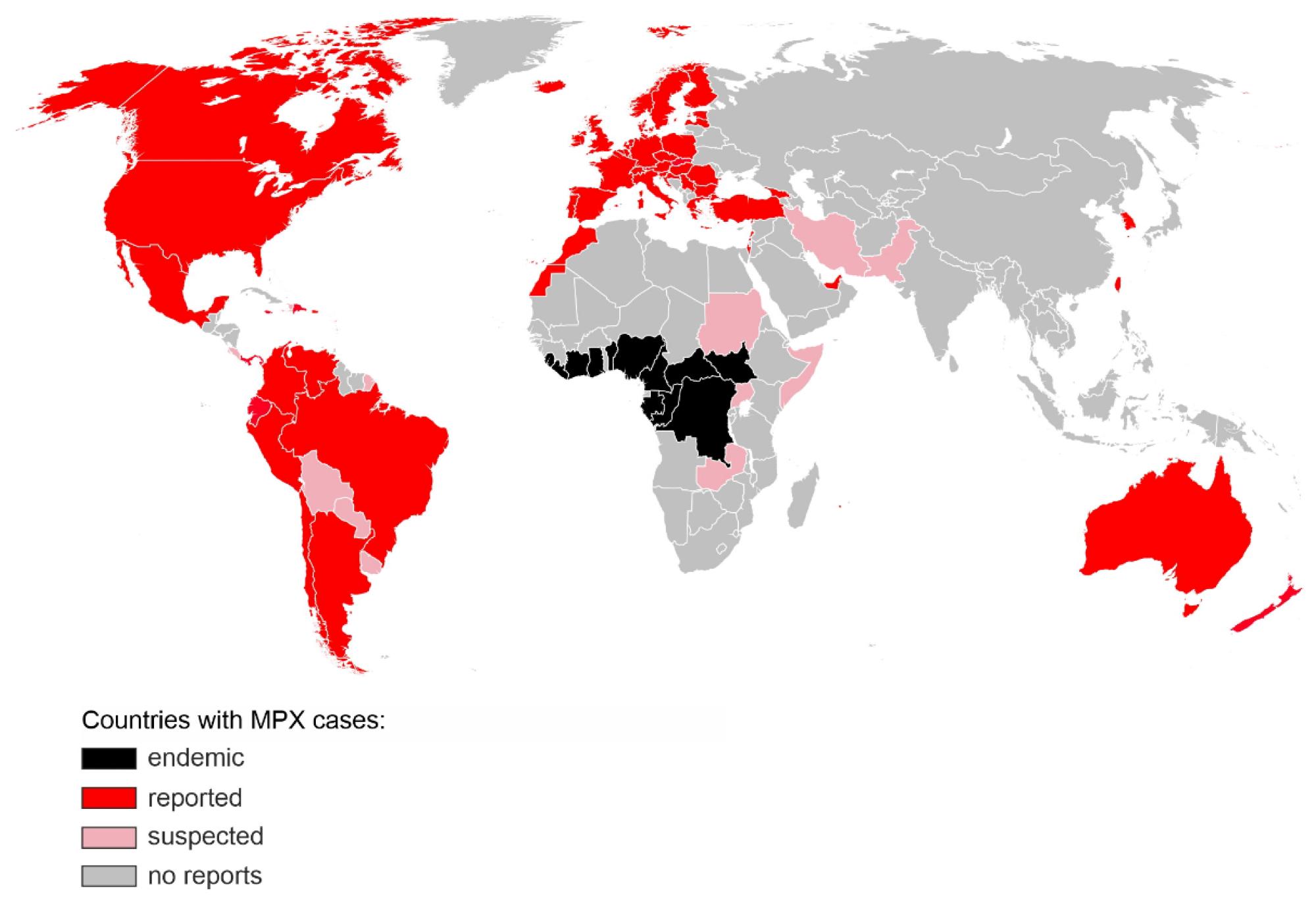 Pays avec des cas confirmés (rouge) ou suspectés (rose) de MPX lors de l'épidémie non endémique de 2022.  Les régions, où MPX était endémique avant 2022, sont indiquées en noir.  La carte comprend les cas signalés jusqu'au 12 juillet 2022 [8].  La carte de la couche de base a été obtenue à partir de https://commons.wikimedia.org/wiki/File:BlankMap-World.svg (consulté le 1er juillet 2022).