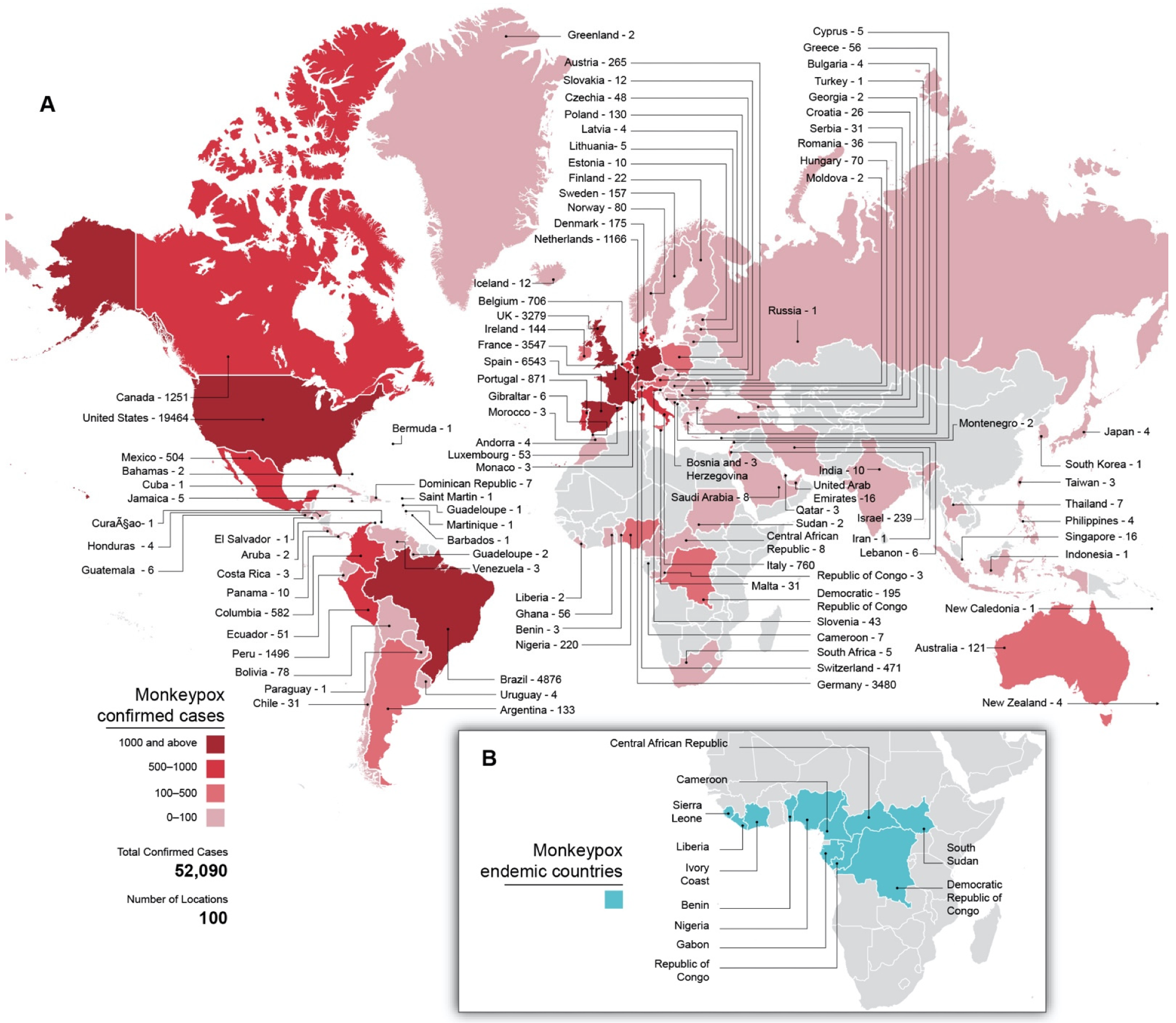 ​​​​​​​Répartition mondiale des boîtiers MPX.  (A) Cas de MPX par pays dans l'épidémie actuelle jusqu'au 1er septembre 2022, ainsi que le nombre total de cas confirmés et les pays touchés.  Les pays sont colorés en fonction du nombre de cas.  L'ombrage gris indique aucun cas connu.  (B) Pays historiquement endémiques pour le MPXV.  L'ombrage gris indique les pays non endémiques.