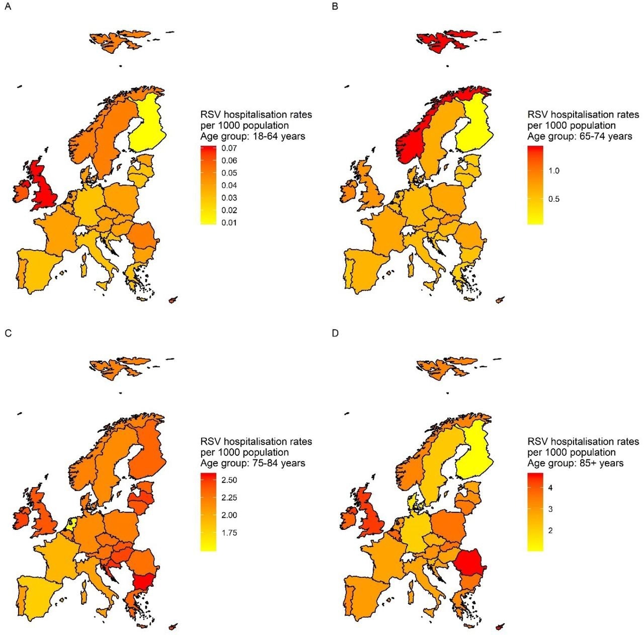 Taux d'hospitalisation associés au VRS pour 1000 habitants dans 28 pays de l'UE et en Norvège.  A : Taux d'hospitalisations associées au VRS pour 1 000 adultes âgés de 18 à 64 ans.  B : Taux d'hospitalisations associées au VRS pour 1 000 adultes âgés de 65 à 74 ans.  C : Taux d'hospitalisations associées au VRS pour 1 000 adultes âgés de 75 à 84 ans.  D : Taux d'hospitalisations associées au VRS pour 1 000 adultes âgés de ≥ 85 ans.