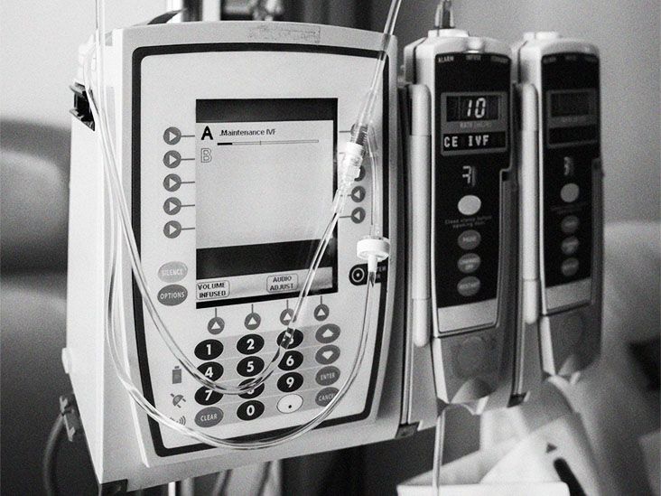 Close up of a medical infusion device which delivers fluids, medications, blood and blood products to patients through IV.