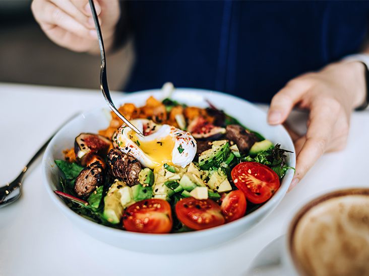 A person eating a plate of salad with vegetables, avocado and a egg on top