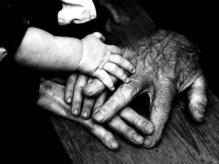 The hands of a grandparent, parent, and child touch