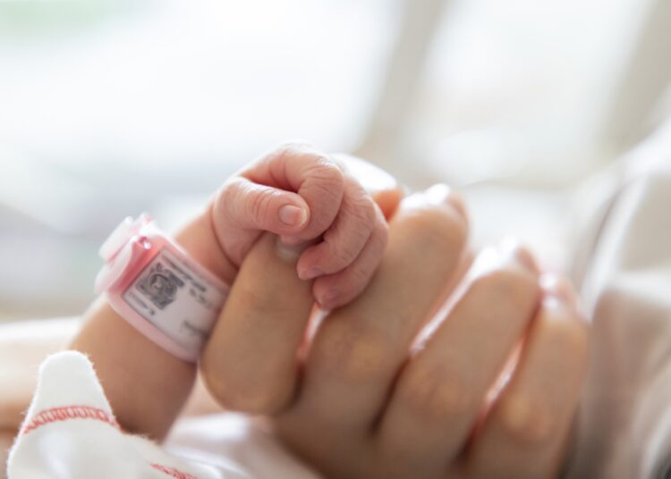 new born baby hand hold mum index finger.