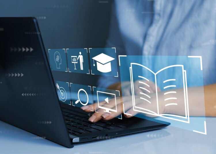 E-learning education, internet lessons and online webinar.