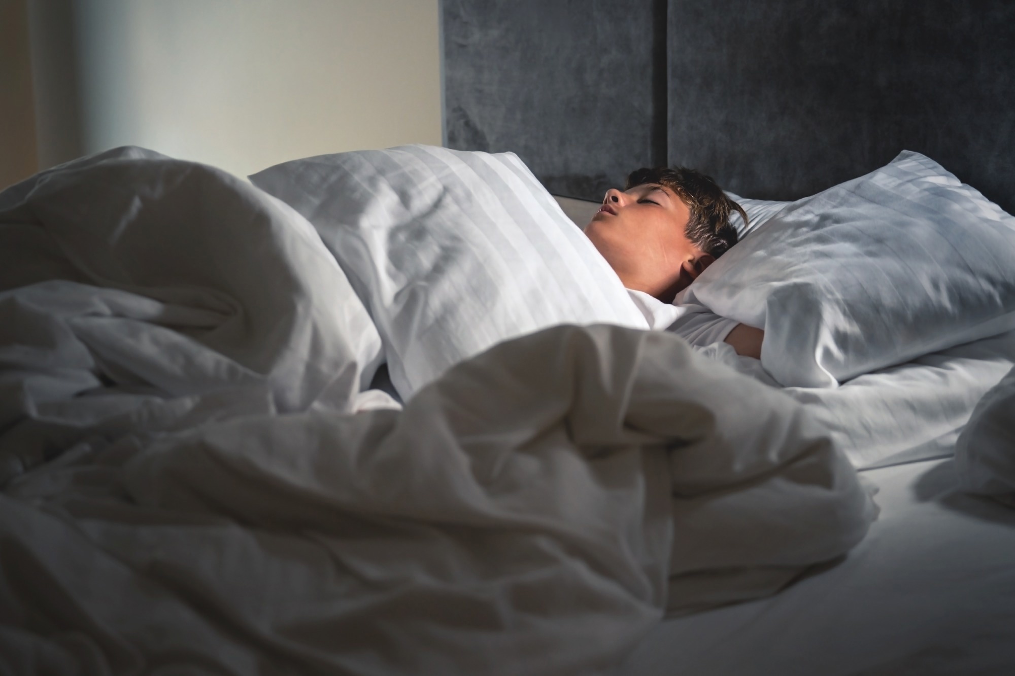 A boy sleeps in his bed.
