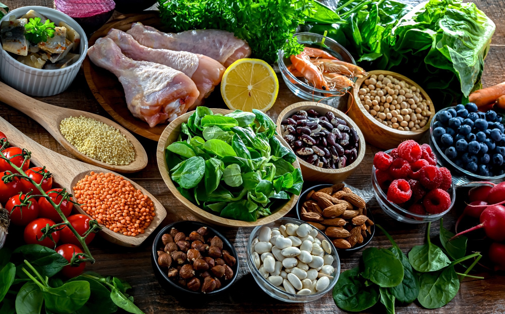 Food products representing the MIND diet created to reduce dementia and the decline in brain health.