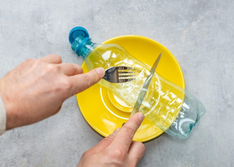 Plastic PET bottle on a plate.