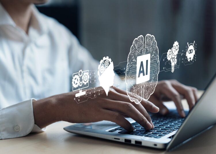 Human interact with AI artificial intelligence brain processor in concept of AI artificial intelligence.
