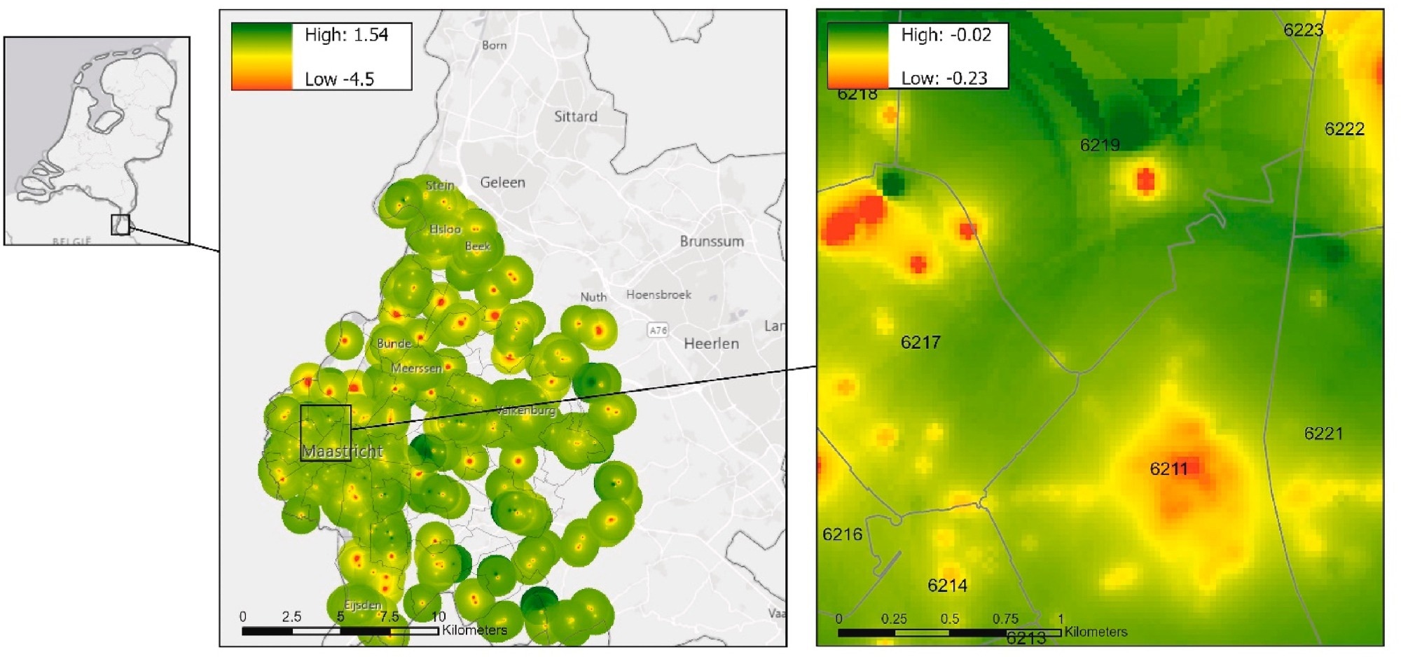 Greater Maastricht Région d'étude avec l'indice de santé de l'environnement alimentaire CHAUD MAUX. Green représente des zones avec des détaillants d'aliments plus sains et du rouge avec des aliments moins sains.