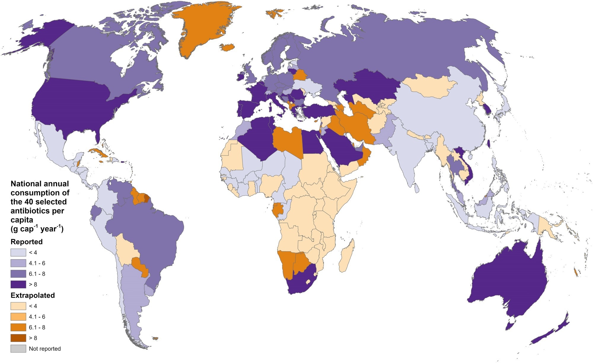 Consommation annuelle des 40 antibiotiques sélectionnés pour l'inclusion dans cette étude, agrégés par le pays. Les valeurs rapportées proviennent de Klein et al. (20), et les valeurs extrapolées ont été calculées sur la base de la méthodologie décrite dans le texte.