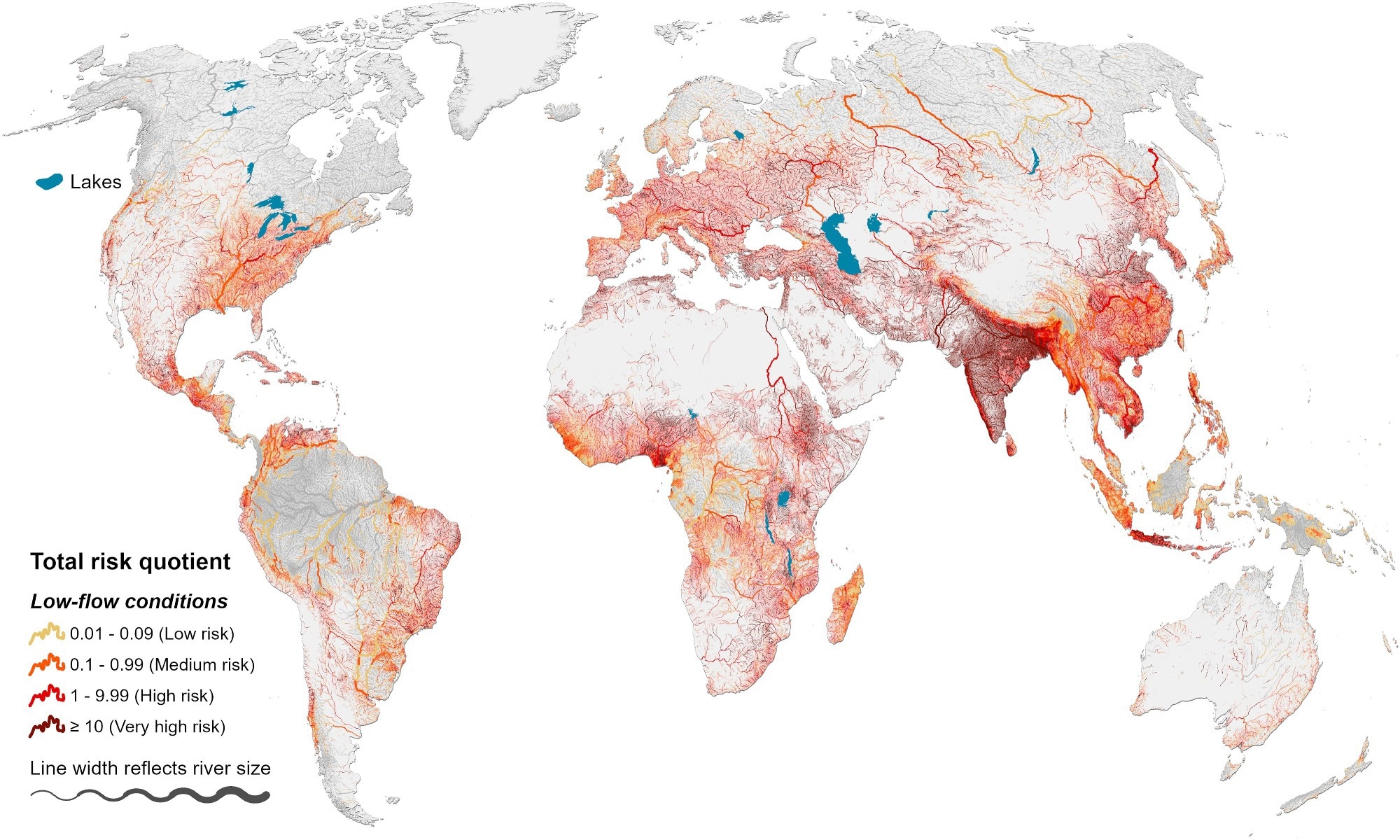 Niveaux d'exposition environnementale des antibiotiques dans les rivières mondiales. Le quotient de risque total (RQTOT) est calculé comme la somme des quotients de risque individuels des 40 antibiotiques du système rivière mondial dans des conditions à faible débit. Les rivières en gris présentent un risque insignifiant (RQTOT <0,01). Seules les rivières dépassant un débit moyen à long terme de 0,1 m3 s - 1 sont indiquées.