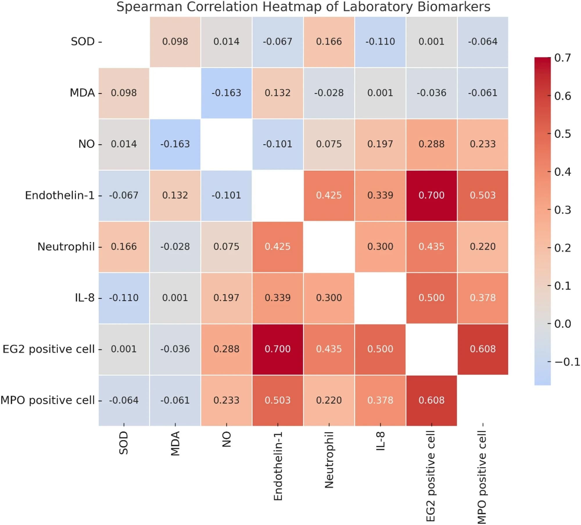Corrélation de Spearman Corrélation HEATMAP parmi les marqueurs de stress oxydatif, les médiateurs inflammatoires et les biomarqueurs liés aux granulocytes chez les fumeurs. La figure illustre la résistance et la direction des corrélations entre la superoxyde dismutase (SOD), le malondialdéhyde (MDA), l'oxyde nitrique (NO), l'endothéline-1, les neutrophiles, l'interleukine-8 (IL-8), les éosinophiles EG2 positifs et les cellules myéloperoxydases (MPO). De fortes corrélations positives ont été observées entre les cellules EG2 positives et les cellules endothéline-1, IL-8 et MPO positives, mettant en évidence une interaction potentielle entre le stress oxydatif et l'inflammation éosinophile dans la physiopathologie associée au tabagisme. Des corrélations significatives (p <0,05) sont indiquées sur la figure