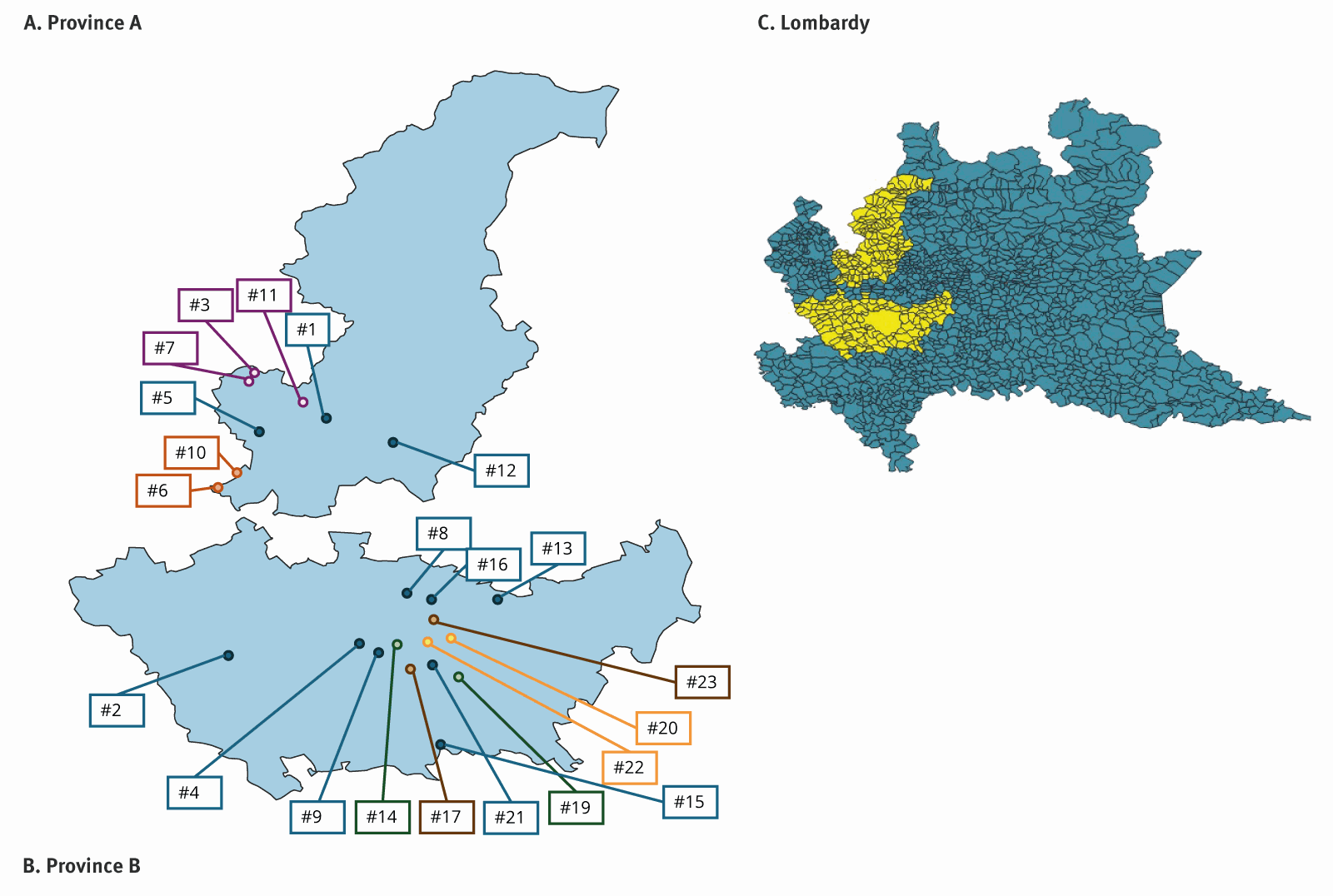 Distribution géographique des cas de la rougeole du génotype B3 dans la province A et la province B, nord de l'Italie, janvier - avril 2025 (n = 27). Un motif de couleur différent du bleu identifie une liaison directe entre les cas.