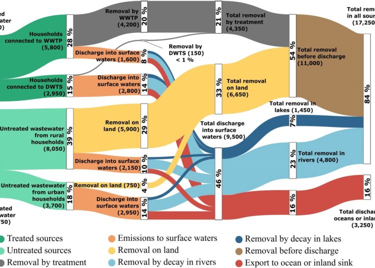 Contaminant pathways of antibiotics in the global aquatic environment. Modeled contaminant pathways and mass balances of antibiotics by path. Values in parentheses indicate total amounts of the top 40 antibiotics consumed worldwide in tonnes year−1; percentage values are relative to the total excretion amount (20,500 tonnes year−1).