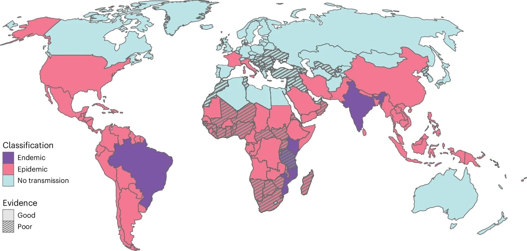 Endémique: CHIKV circule constamment dans le territoire, les infections se produisant chaque année. Épidémie: CHIKV circule sporadiquement sur le territoire, les épidémies étant suivies d'années sans circulation détectée. Pas de transmission: CHIKV ne circule pas sur le territoire. Bonne preuve: les données épidémiologiques de la surveillance de la maladie et / ou des données sérologiques et / ou des données entomologiques fournissent des preuves solides de la classification donnée. Des preuves insuffisantes: les données épidémiologiques, sérologiques et entomologiques ne fournissent pas de preuves solides à l'appui de la classification probable donnée.