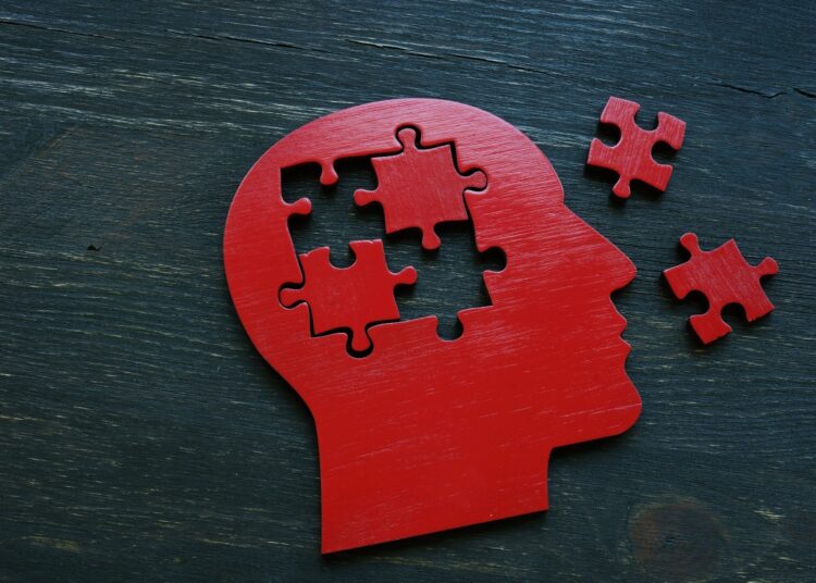 Human head shape with 4 extracted puzzle pieces