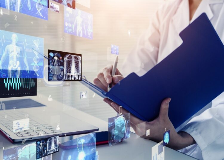 Doctor reviewing patient data on a digital tablet surrounded by holographic medical imaging and diagnostics