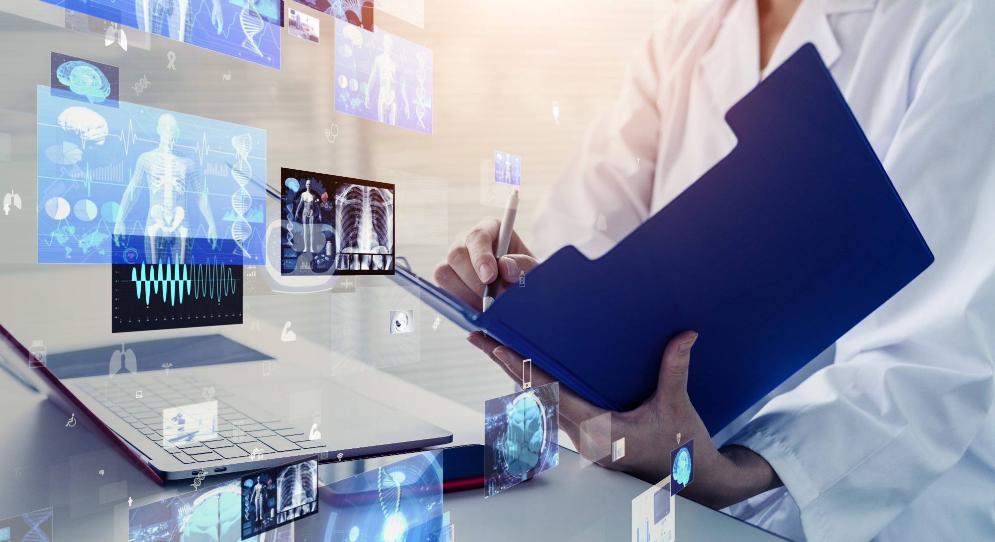 Doctor reviewing patient data on a digital tablet surrounded by holographic medical imaging and diagnostics