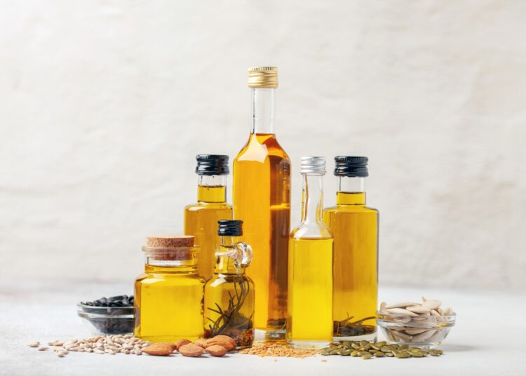 Various vegetable and nut oil in bottles