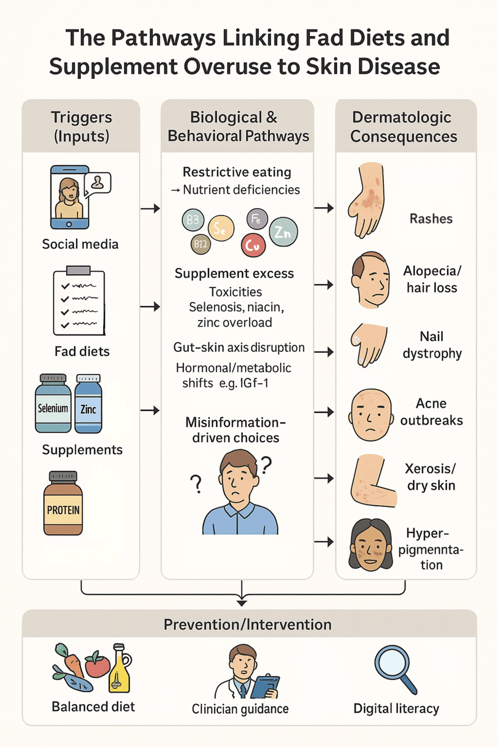 La cascade numérique-terrestre: comment les médias sociaux entraînent une maladie cutanée liée au régime - les voies multifactorielles reliant les régimes à la mode, compléter la surutilisation et la désinformation aux maladies dermatologiques. Les médias sociaux et les tendances en ligne conduisent des comportements nutritionnels restrictifs ou excessifs, entraînant des carences ou des toxicités qui se manifestent avec une gamme de résultats cutanés. La prévention se concentre sur une alimentation équilibrée, une éducation des patients et une évaluation critique des informations sur la santé en ligne. Figure rendue par les auteurs à l'aide de ProCreate (2025).