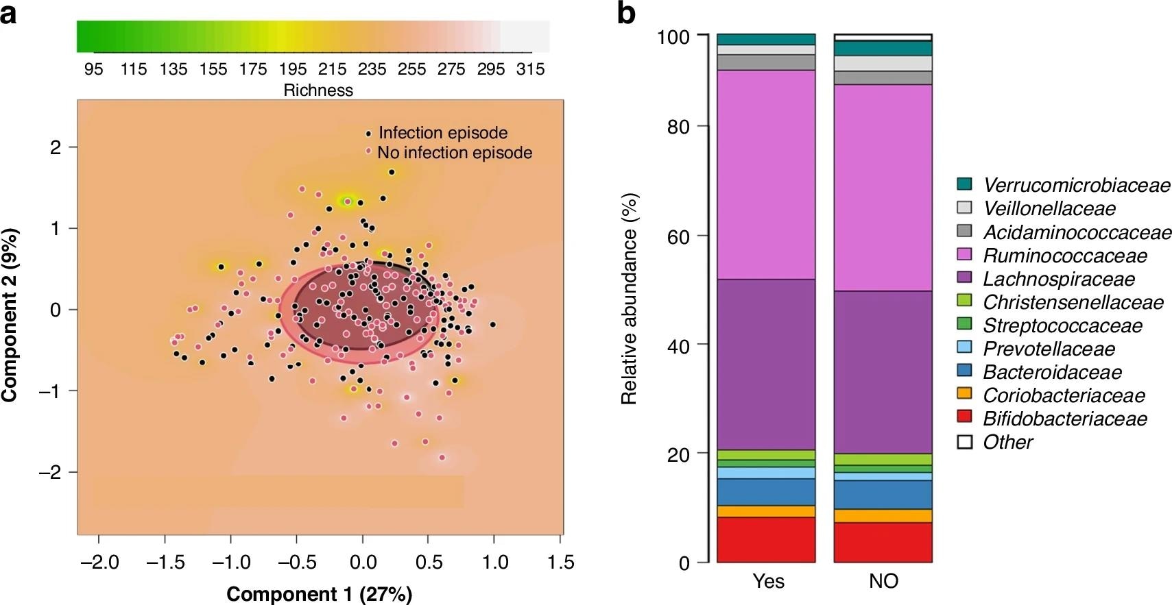 Comparaison entre les mères de nourrissons qui ont développé un épisode d'infection des voies respiratoires (RTI) au cours des 6 premiers mois de la vie et des mères de nourrissons sélectionnés au hasard sans épisode d'infection. Les parcelles PCOA basées sur les dissemblances de Bray-Curtis des échantillons, montrant la richesse du microbiote comme arrière-plan (a). Les grappes sont présentées par des cercles, qui ont été dessinés en fonction des écarts-types des points de données dans chaque catégorie des échantillons (a). Les comparaisons se situe entre les mères de nourrissons qui ont développé un RTI au cours des 6 premiers mois de la vie et les mères de nourrissons restant en bonne santé (p = 0,39). Les graphiques de colonne empilés en cluster montrent des différences de microbiote au niveau familial (b). Les comparaisons se trouvent entre les mères de nourrissons qui ont développé un RTI au cours des 6 premiers mois de vie (oui) et les mères de nourrissons restant saines (NO).
