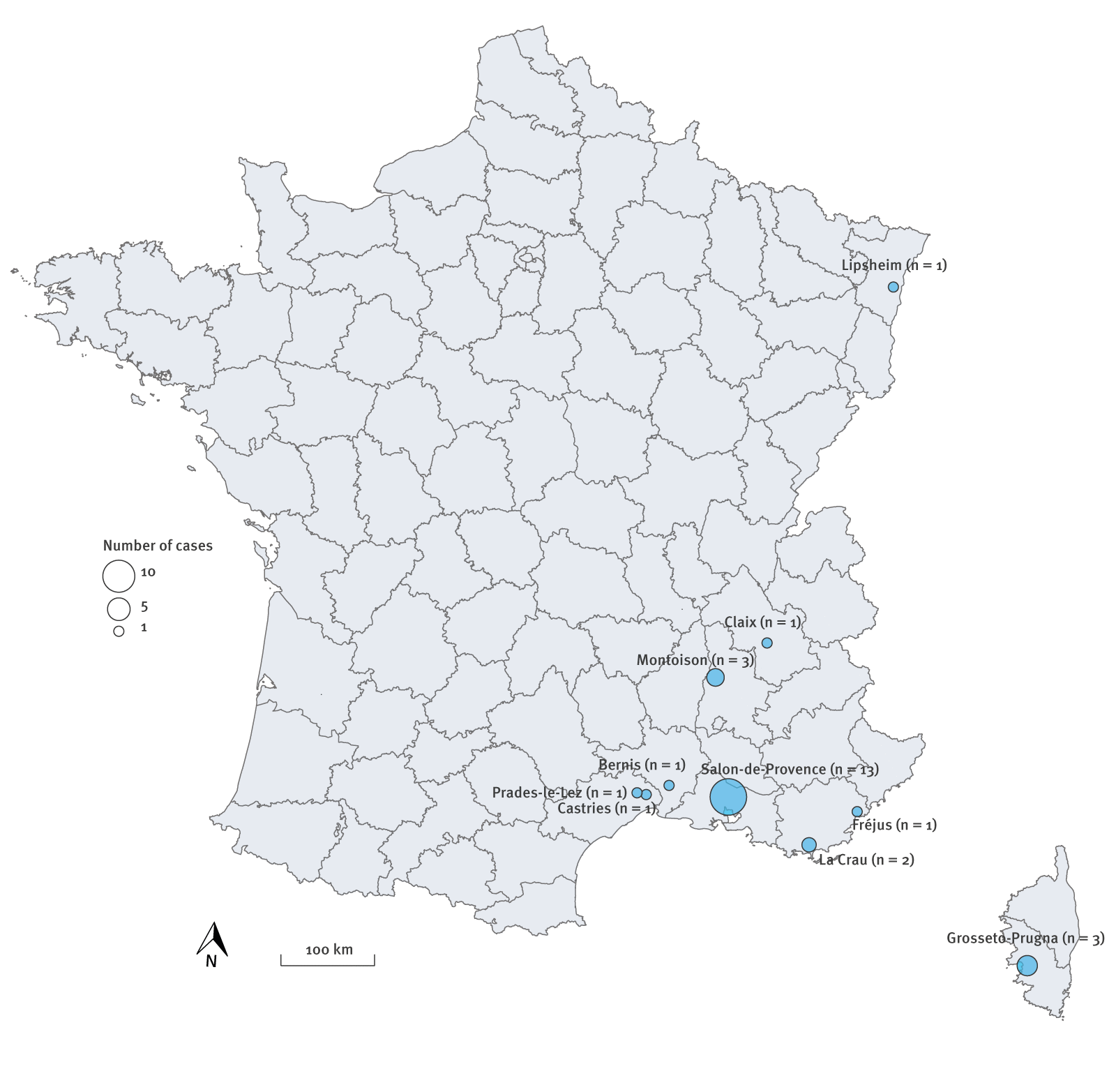 Carte des événements de transmission autochtone du virus de Chikungunya, continentale France, mai 10 juillet 2025 (n = 27)
