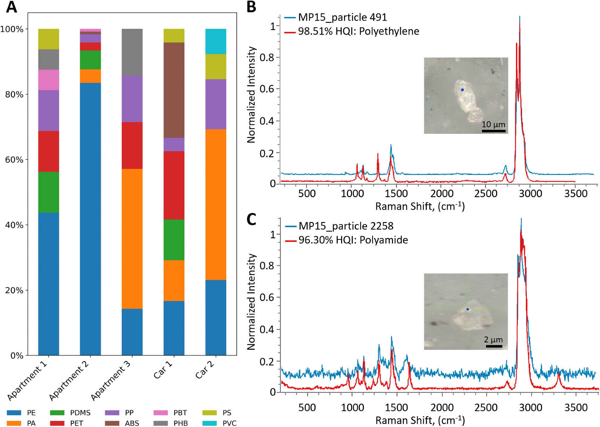 Composition en polymère MP dans les environnements intérieurs. (A) Composition totale en polymère MP en suspension observée dans différents environnements intérieurs étudiés. (B) Spectre Raman de la particule de polyéthylène (PE) (bleu) et du spectre de référence de PE (rouge). (C) Spectre Raman de la particule de polyamide (PA) (bleu) et du spectre de référence de PA (rouge).