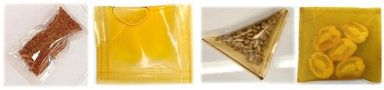 Exemples de sachets comestibles pour le café instantané, l'huile, les graines et les tomates cerises séchées