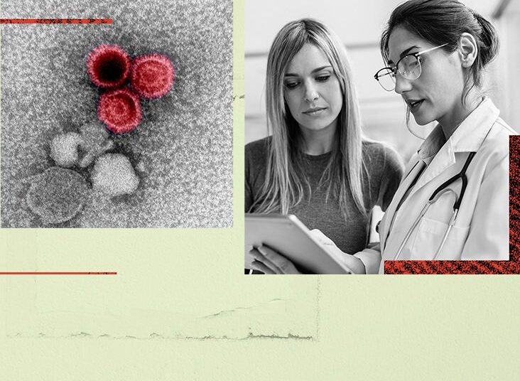A photo collage of blood cells under a microscope and a doctor and patient discussing test results for lupus