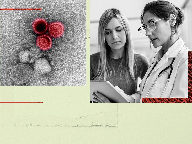 A photo collage of blood cells under a microscope and a doctor and patient discussing test results for lupus