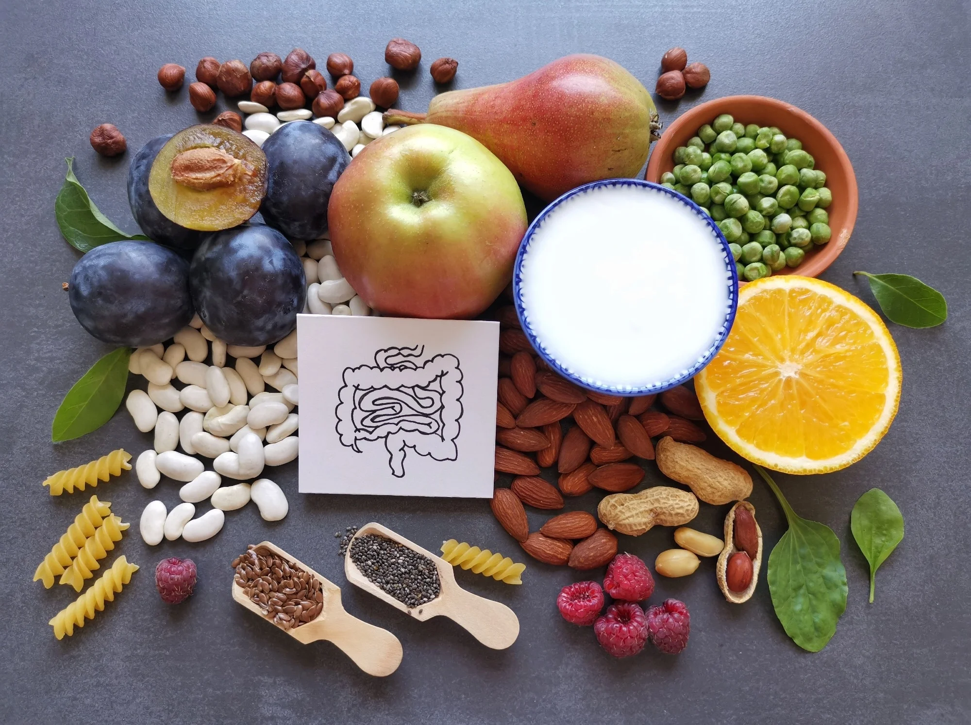 Assortment of foods for healthy gut and digestive system with intestine anatomical drawing.