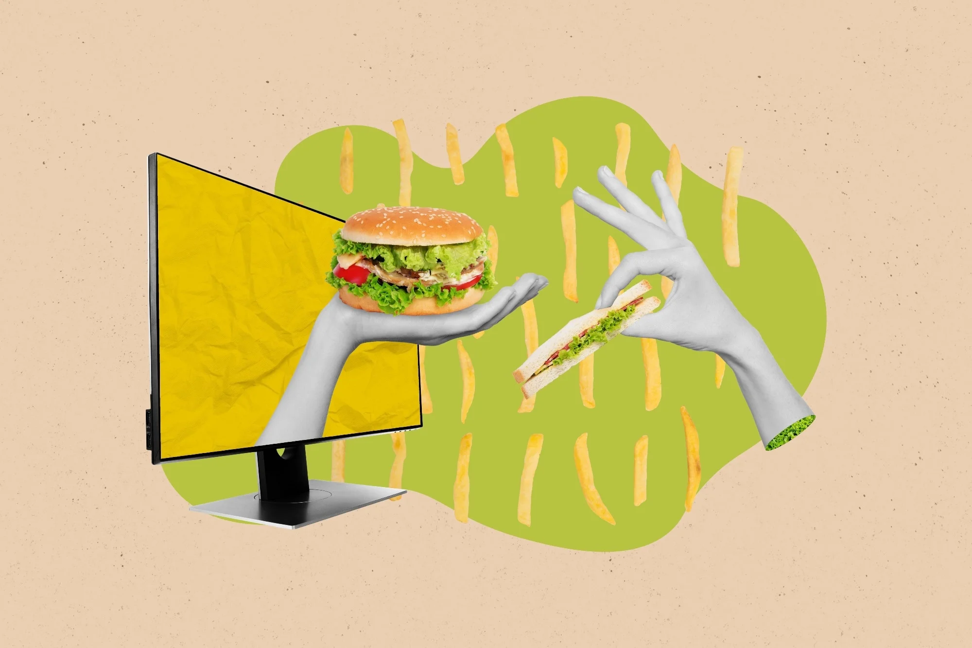 Illustration of a burger emerging from a computer screen while a hand holds a healthier sandwich, with fries in the background, symbolizing junk food advertising versus healthy choices.