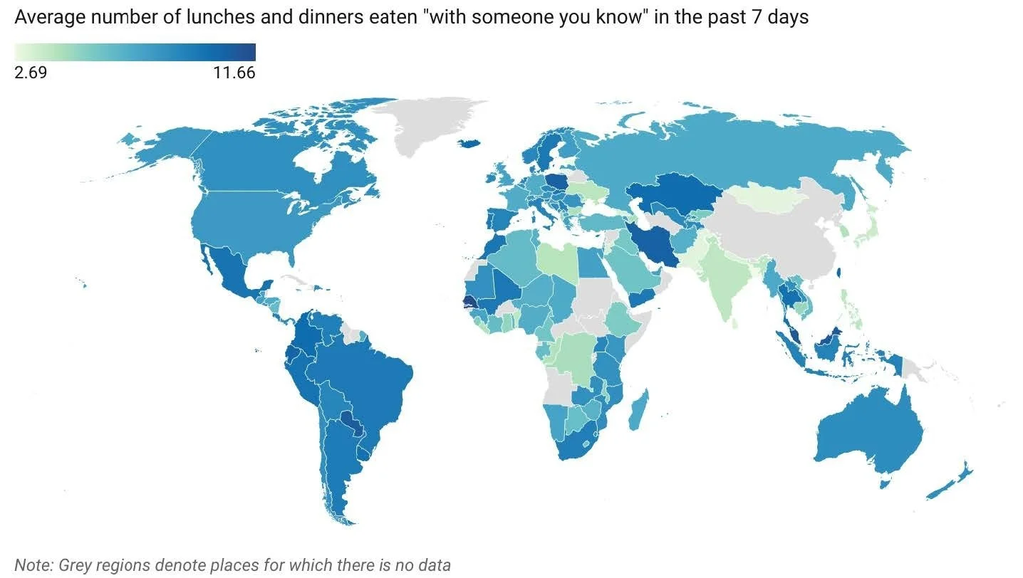 Évaluations de la vie moyenne par nombre de repas partagés au cours de la semaine dernière Gallup World Poll, 2022-2023