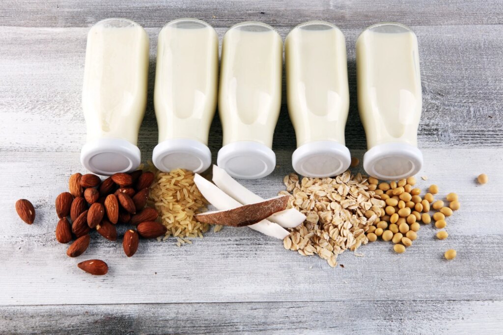 Various vegan plant based milk alternatives and ingredients. Dairy free milk substitute drink, healthy eating.