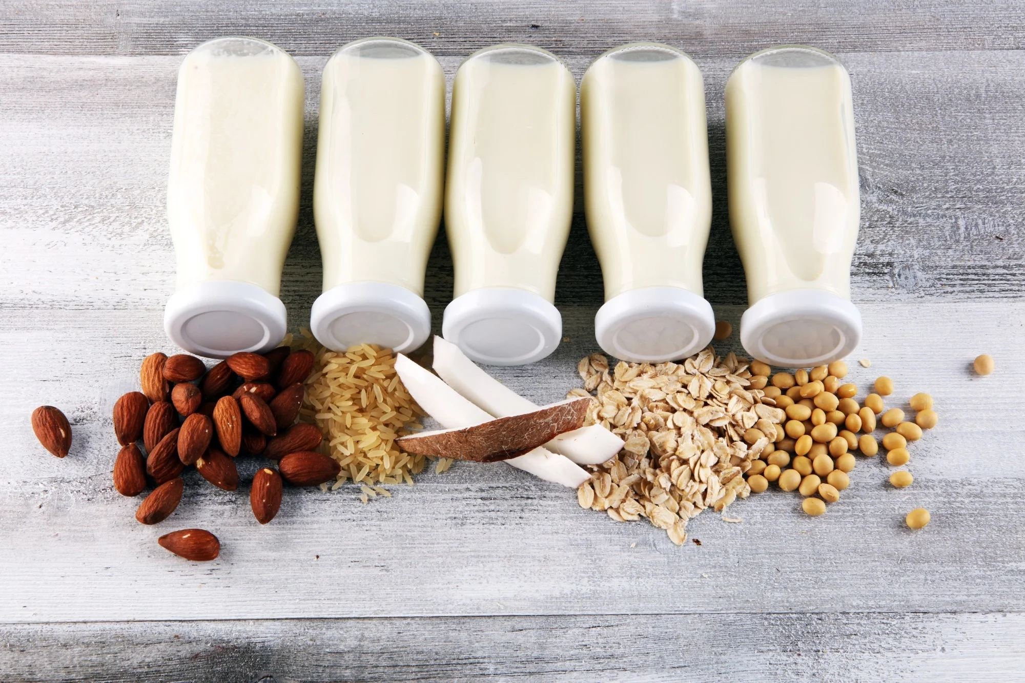 Various vegan plant based milk alternatives and ingredients. Dairy free milk substitute drink, healthy eating.