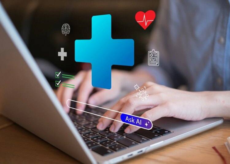 Person using laptop talking AI Artificial intelligence chatbot healthcare analysis assistant innovation medicine diagnosis hospital patient clinic automation robot support