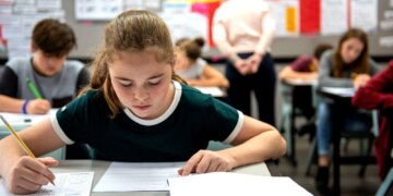 Students in a classroom taking a test, focused on their papers. A teacher observes in the background, ensuring a quiet environment.