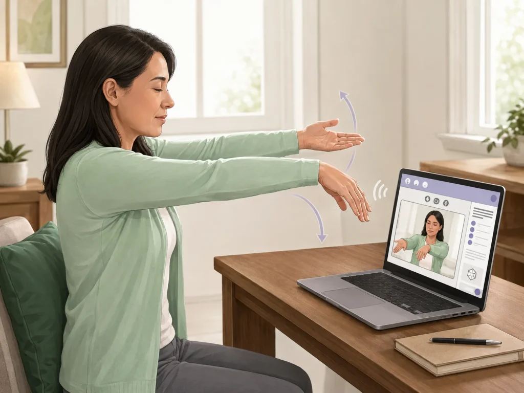 AMIE guiding a patient actor through a physical examination (pronator drift test) over a video call. Figure 1 from the paper,
