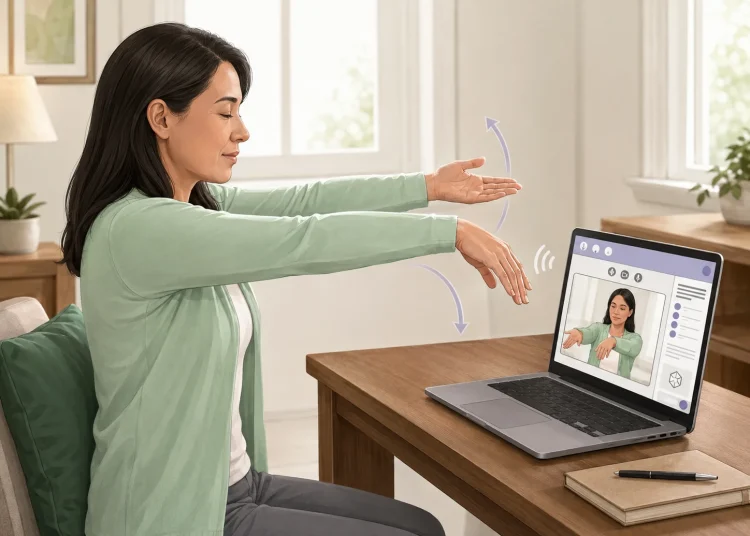 AMIE guiding a patient actor through a physical examination (pronator drift test) over a video call. Figure 1 from the paper,