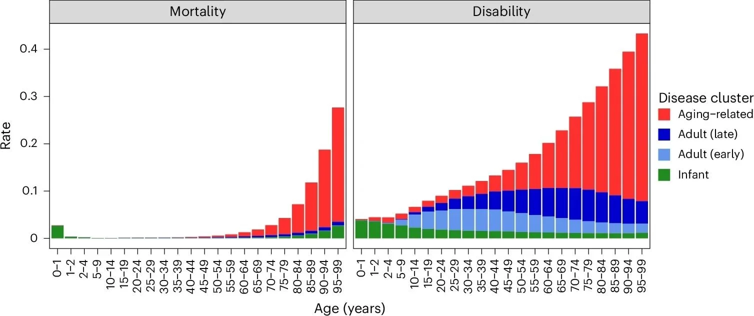 Fardeau de la mortalité et de l’invalidité par groupe de maladies, 2023. Taux de mortalité (à gauche) et taux d’invalidité (à droite) pour les groupes de maladies calculés à l’aide du GBD. Ces taux sont tirés directement des taux mondiaux de mortalité et d’YLD par âge pour chaque cause, tels que fournis par les Nations Unies, et sont exprimés en décès/YLD par personne pour cette année en raison de chaque cause. Les taux au niveau du cluster sont la somme de ces taux pour toutes les causes attribuées à ce cluster.