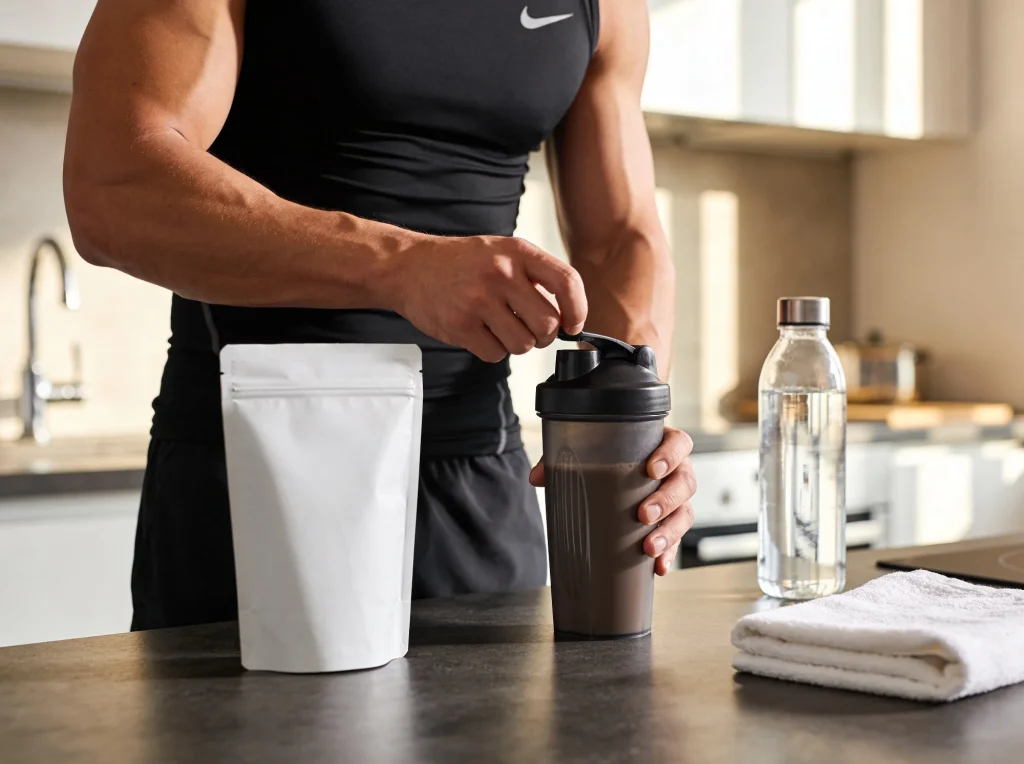 Athletic man preparing protein supplement drink during fitness training session in gym
