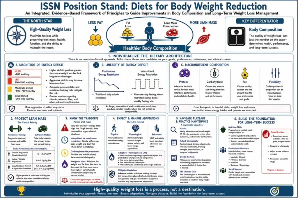 Diets for body weight reduction: position stand summary of principles & practical applications. Integrated overview of evidence-based principles for high-quality weight loss, emphasizing individualized dietary approaches, lean mass preservation, management of adaptations and plateaus, and the behavioral and support strategies underlying long-term weight management. Figure designed with assistance from ChatGPT (OpenAI).
